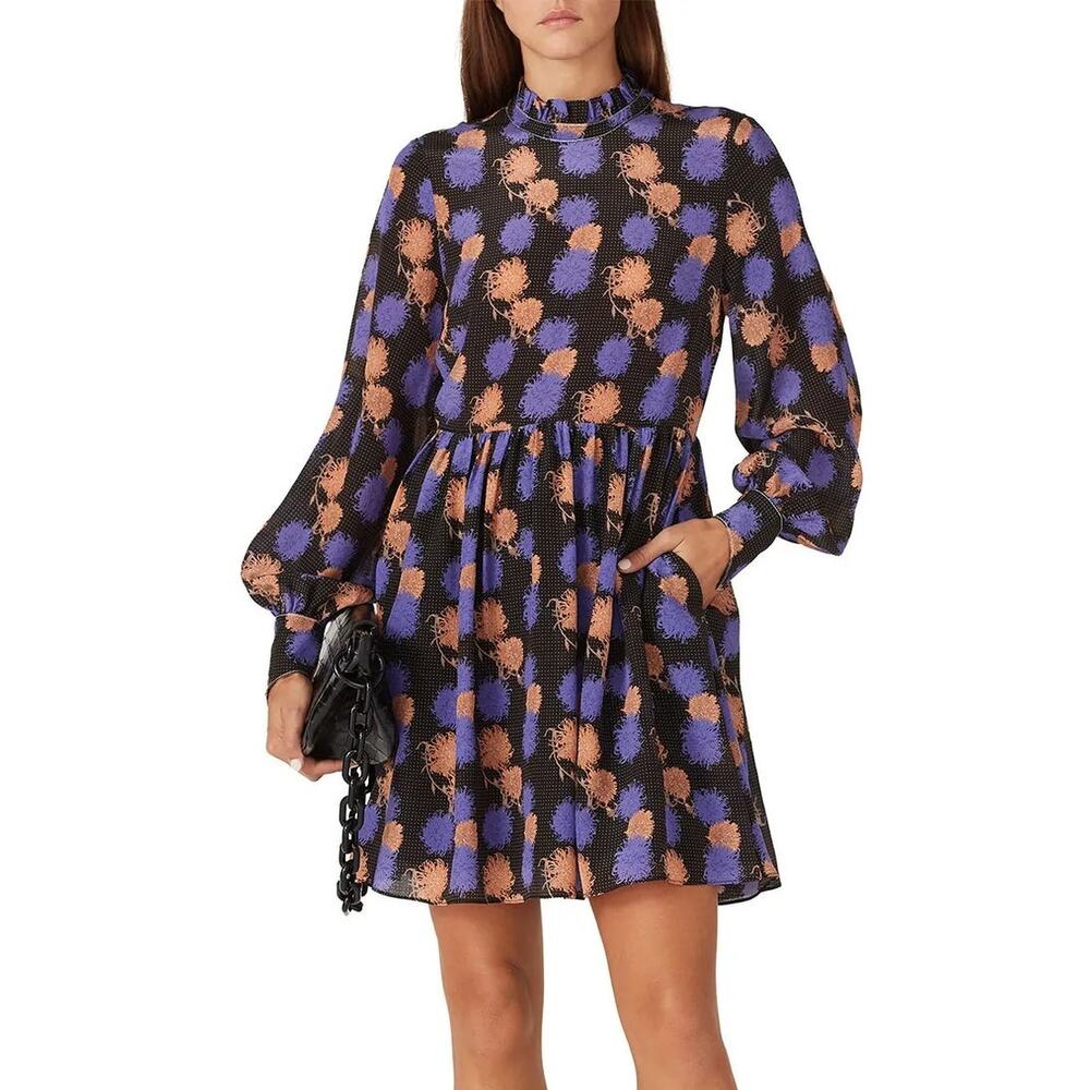 Hofmann Copenhagen Elise Dress Floral Silk Long Sleeve Mini Black Purple 38